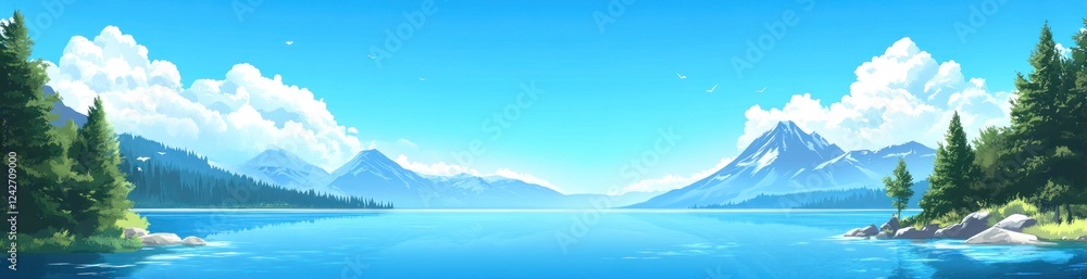 Serene lake nestled between majestic mountains under a bright summer sky. Serene lake nestled between majestic mountains under a bright summer sky.