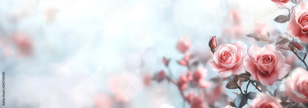 Soft pink roses blooming in a dreamy garden setting. Soft pink roses blooming in a dreamy garden setting.