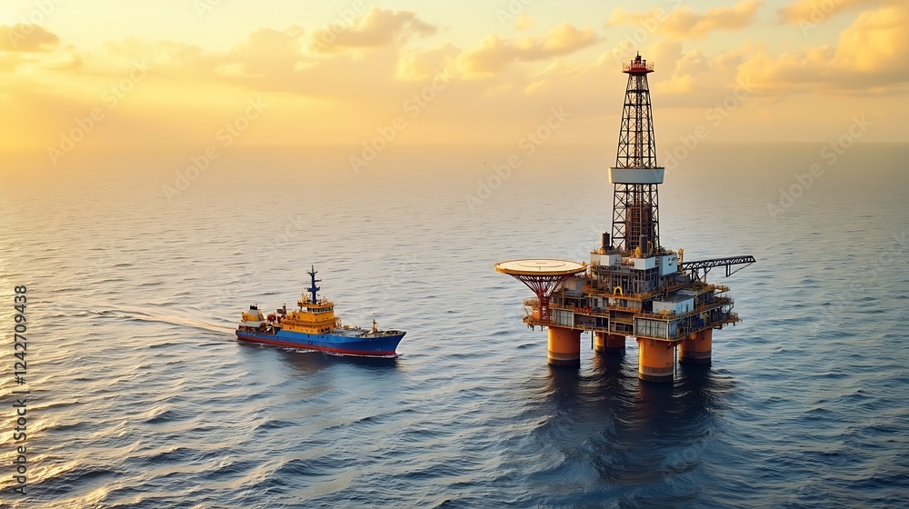Obraz premium Oil Rig and Support Vessel at Sunset on the Open Ocean