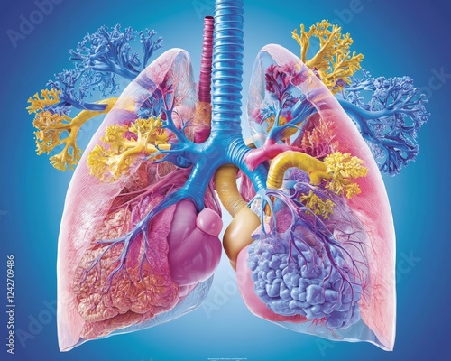 Medical-grade cross-sectional image of the chest cavity displaying the heart, lungs, trachea, and diaphragmatic structure. photo