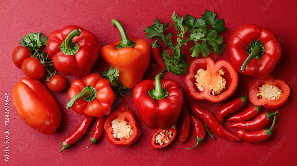 A vibrant arrangement of various peppers and tomatoes on a red background. A vibrant arrangement of various peppers and tomatoes on a red background.