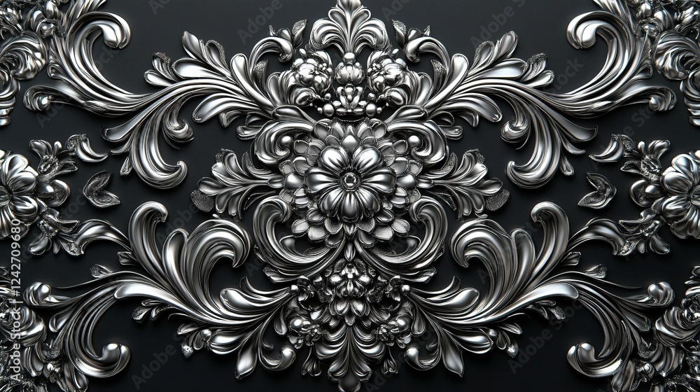 Intricate silver floral design with ornate detailing on a dark background featuring craftsmanship and elegance Intricate silver floral design with ornate detailing on a dark background featuring craftsmanship and elegance