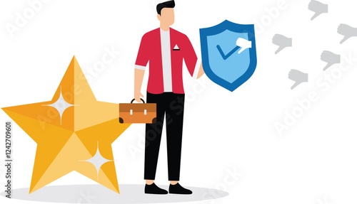 Protect brand reputation, trust or manage negative customer review, feedback or engagement, marketing solution, strategy concept, businessman shield protect star reputation form thumb down feedback