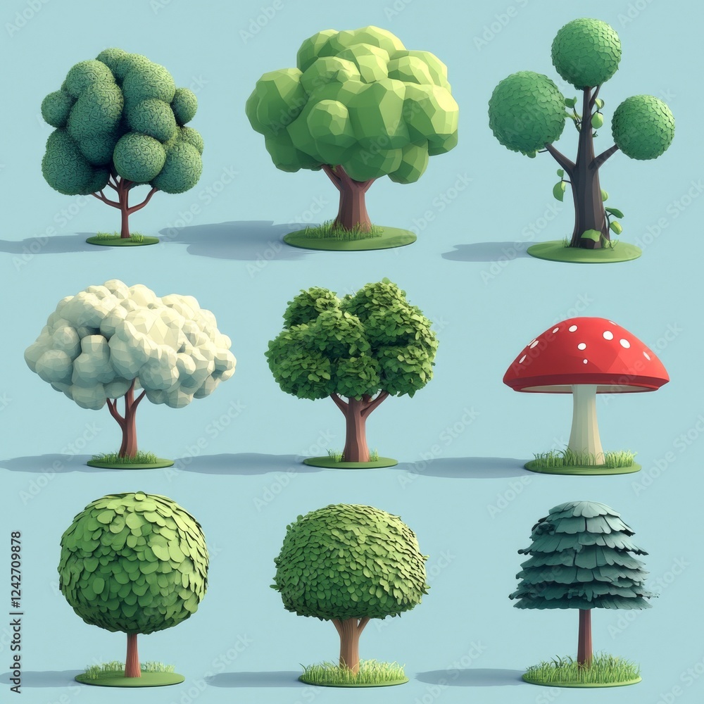 Fototapeta premium Colorful and Diverse Collection of Stylized 3D Trees and Fungi