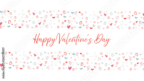 Minimalistic banner with delicate colorful hearts in doodle style for Valentine's Day. Vector.
