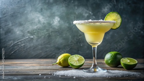 Frozen cocktail glass filled with a tangy, citrusy drink made of tequila, lime juice, and triple sec, garnished with a lime wedge on the rim of the glass, citrus flavors, triple sec