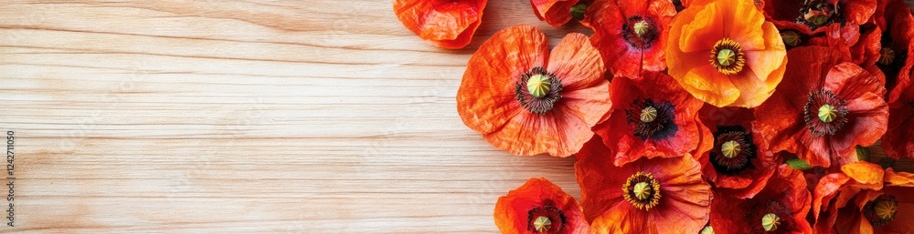 Red poppies scattered on light wood background. Red poppies scattered on light wood background.