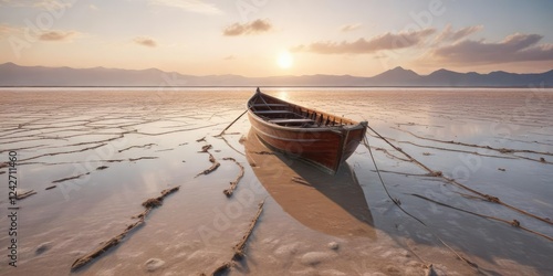 Wooden boat navigating through muddy waters of Xiapu salt flats at low tide, landscape photography, wetland photo