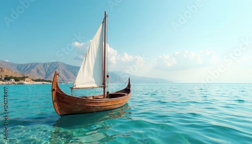 Wooden boat on Sea of Galilee with sail in shallow waters, boat, calm, shallow