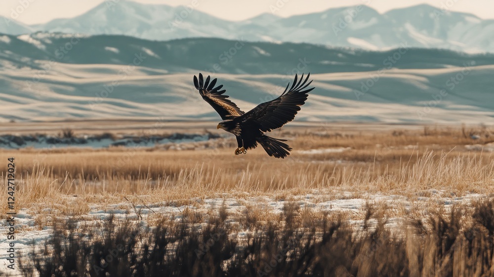 Eagle in flight over snowy field and mountains. Eagle in flight over snowy field and mountains.