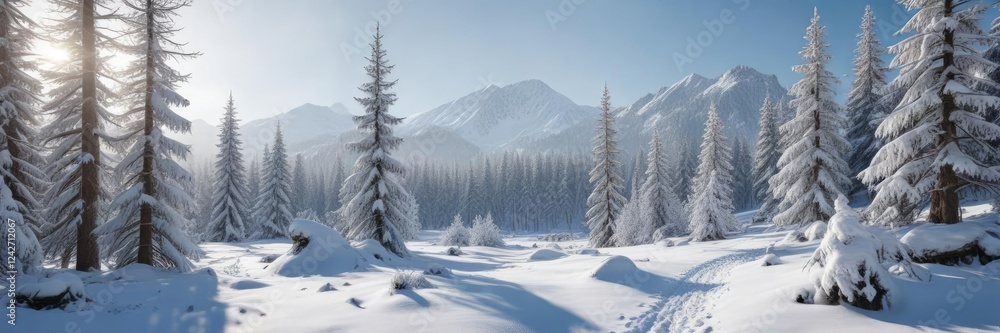 Winter landscape with snow-covered trees in Belianske Tatras, landscape photography, frozen lake Winter landscape with snow-covered trees in Belianske Tatras, landscape photography, frozen lake