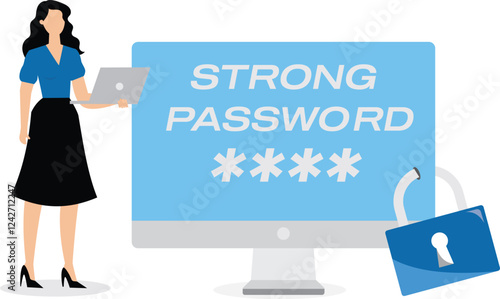 Strong password, security, safety or protection strength, firewall technology, privacy or digital defense system, secure access concept, businesswoman working with computer strong password protection