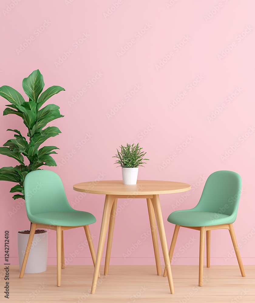 Fototapeta premium Pastel Pink Room Setting with Mint Green Chairs and Wooden Table