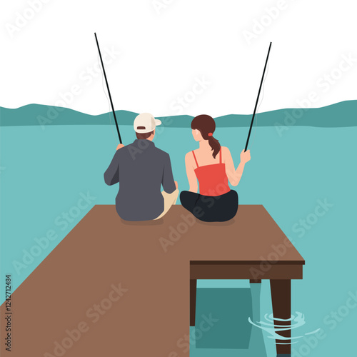 Couple sits on a wooden pier, fishing while surrounded by the calm lake and distant mountain. Flat vector illustration isolated on white background