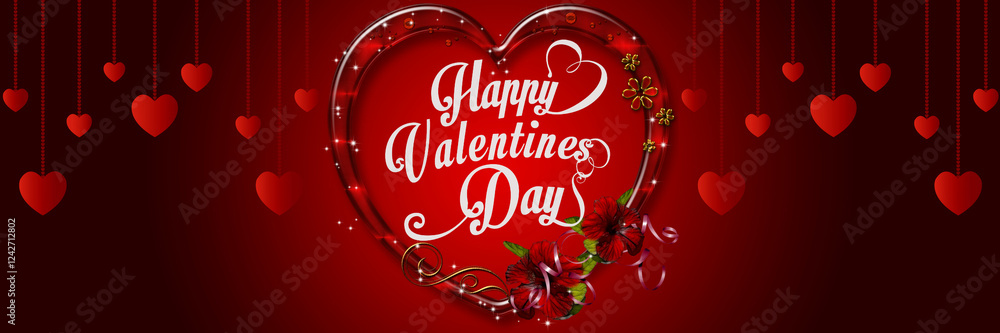 Fototapeta premium happy valentines day with red heart flower decoration on red background.