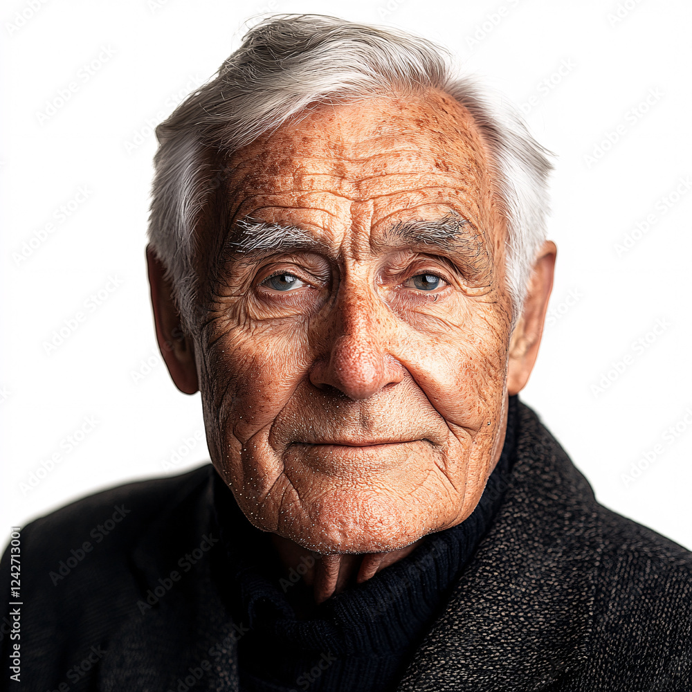 Elderly man with deep wrinkles and wise expression wearing a black sweater in a thoughtful pose Elderly man with deep wrinkles and wise expression wearing a black sweater in a thoughtful pose
