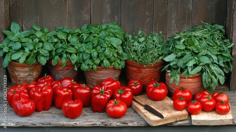 Fresh vegetables and herbs displayed in pots on a wooden shelf. Fresh vegetables and herbs displayed in pots on a wooden shelf.