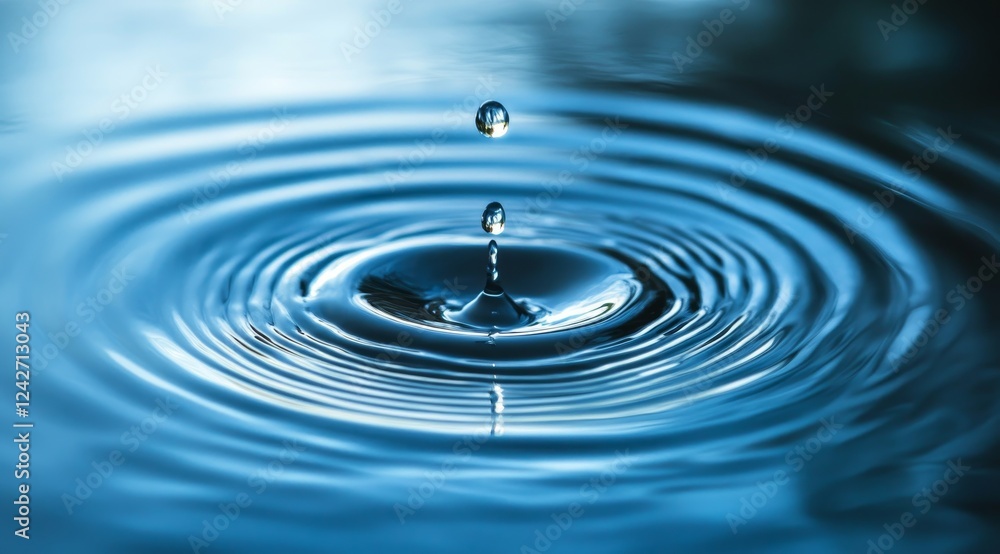 Water drop impact, ripples, blue background, serenity, nature