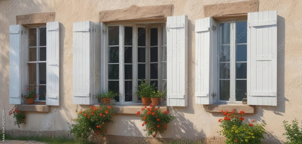 White shutters and windows on an old village house in the countryside, quaint, shutters, timber frame White shutters and windows on an old village house in the countryside, quaint, shutters, timber frame