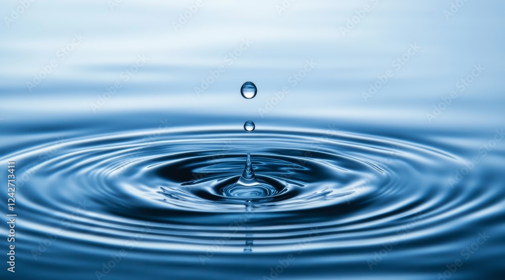 Water droplet falling, creating ripples, serene background, purity concept Water droplet falling, creating ripples, serene background, purity concept