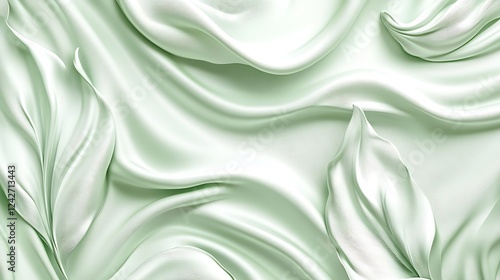 Sage green silk fabric, leaves