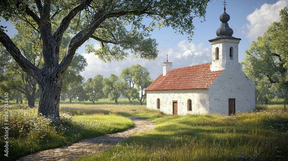 Fototapeta premium Rural Chapel Path Sunny Meadow Summer Day