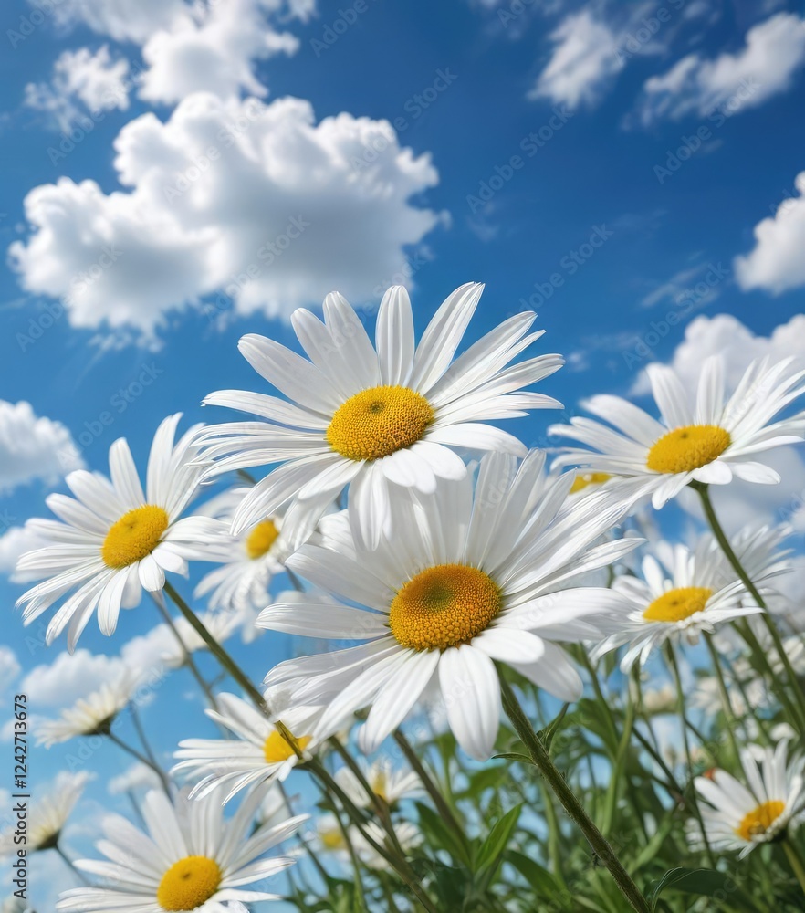 White daisies swaying gently in the breeze against a bright blue sky and fluffy white clouds, outdoor scene, nature photography , spring flowers White daisies swaying gently in the breeze against a bright blue sky and fluffy white clouds, outdoor scene, nature photography , spring flowers