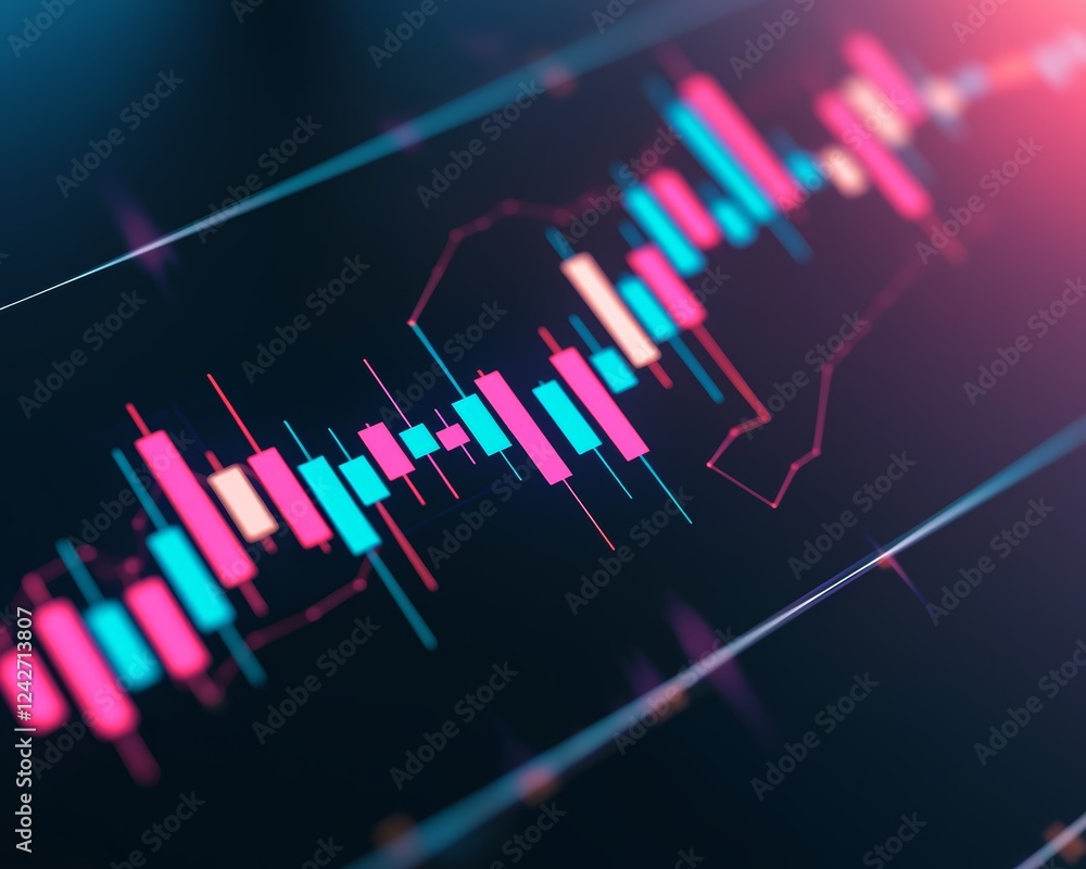 Fototapeta premium An abstract yet precise financial graph, where glowing blue and pink tones combine with dynamic trends and sharp peaks to create a modern visualization of stock market analytics.