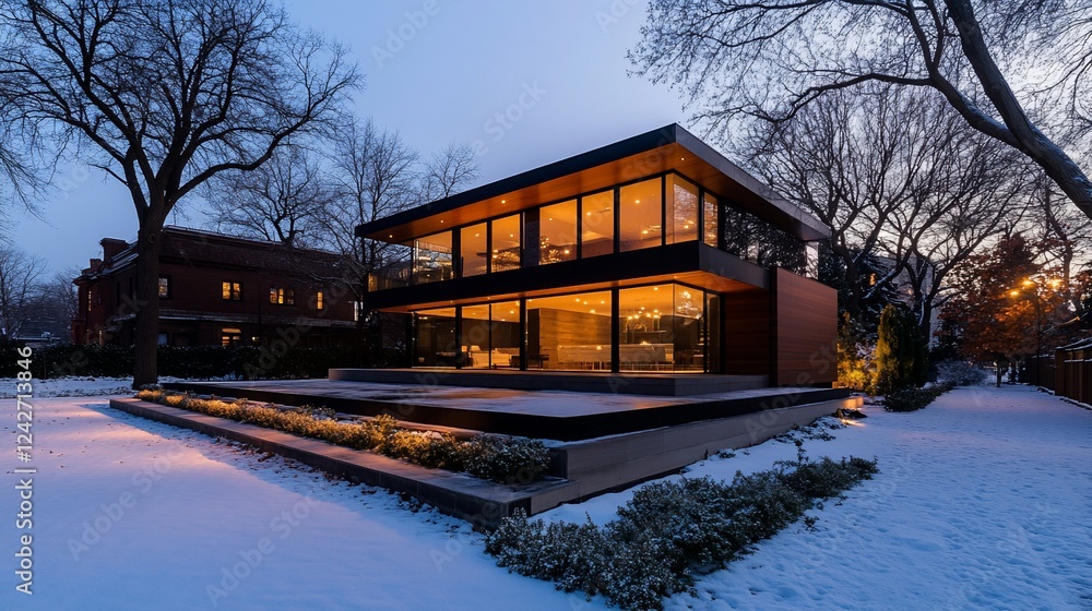 Modern house, winter evening, snowy yard, lit interior Modern house, winter evening, snowy yard, lit interior