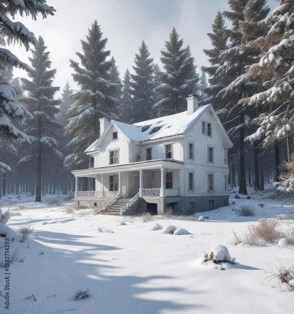 White abandoned house in the middle of a snowy forest, white building, snowy woods White abandoned house in the middle of a snowy forest, white building, snowy woods