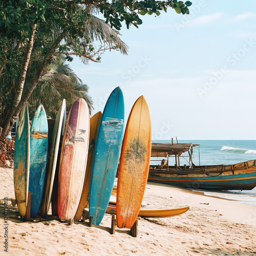 Surfboards set vertically with their elbows resting on a wooden stand in the sand at a surf station in Sri Lanka Hikkaduwa, and traditional fishing boat photo