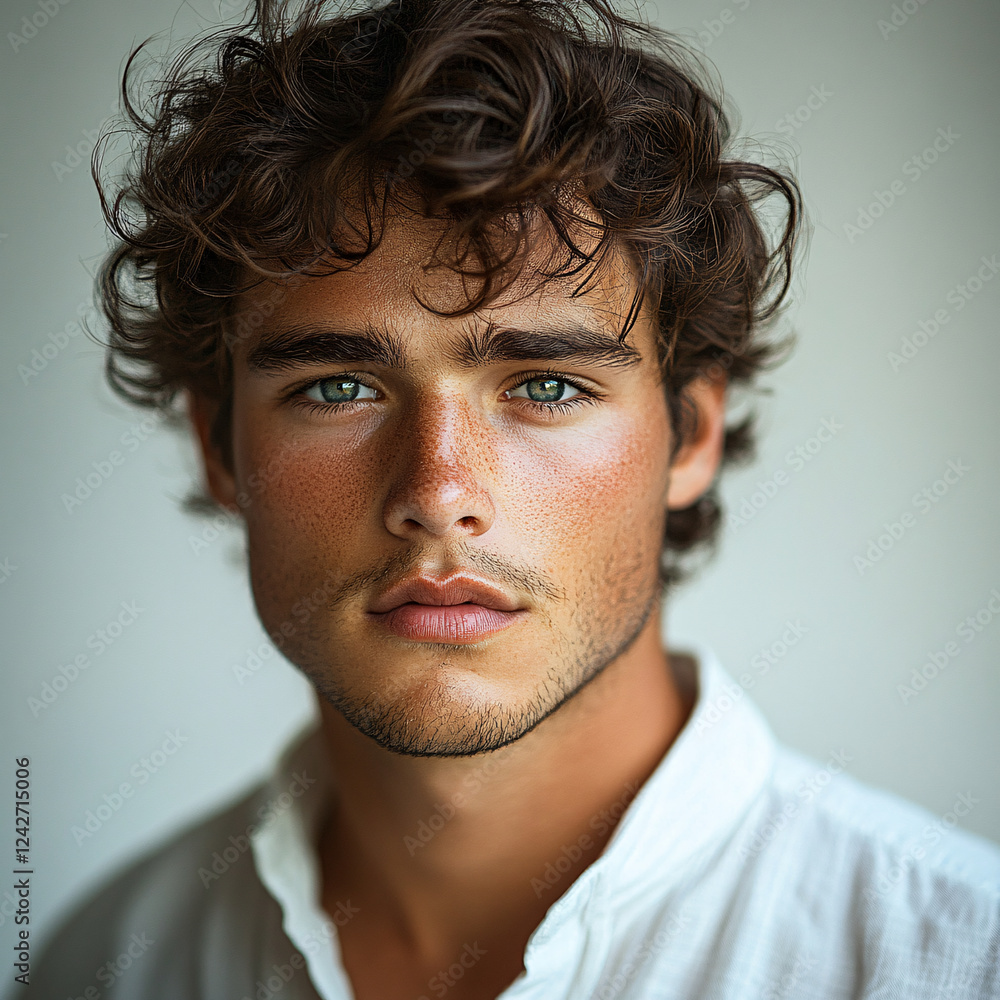 Young male model with curly hair wearing a casual white shirt poses confidently in a studio setting Young male model with curly hair wearing a casual white shirt poses confidently in a studio setting
