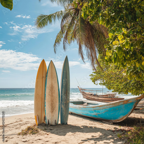 Surfboards set vertically with their elbows resting on a wooden stand in the sand at a surf station in Sri Lanka Hikkaduwa, and traditional fishing boat photo