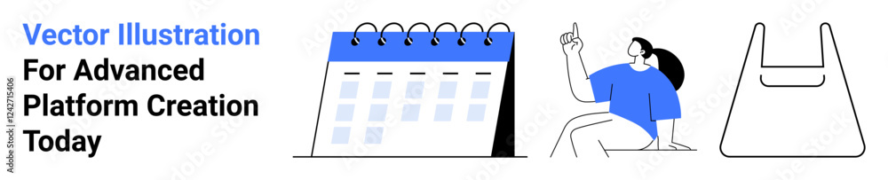 Calendar with spirals, person pointing upward in idea-sharing scene, abstract design object. Ideal for project planning, team collaboration, decision-making, innovation, idea sharing, business Calendar with spirals, person pointing upward in idea-sharing scene, abstract design object. Ideal for project planning, team collaboration, decision-making, innovation, idea sharing, business