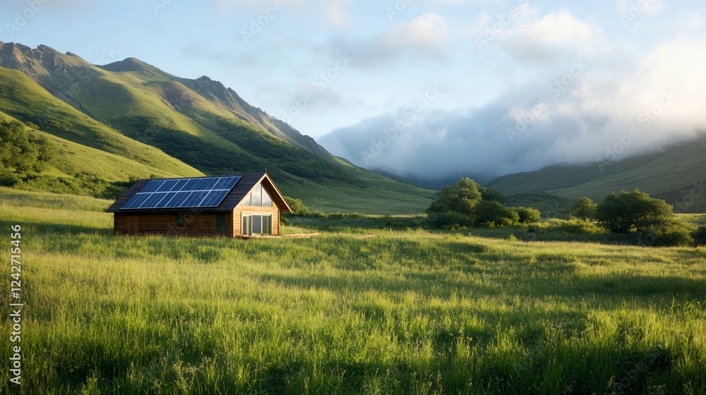 Mountain cabin, solar panels, green field, sunset. Eco-friendly home Mountain cabin, solar panels, green field, sunset. Eco-friendly home