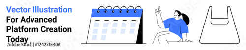 Wallpaper Mural Calendar with spirals, person pointing upward in idea-sharing scene, abstract design object. Ideal for project planning, team collaboration, decision-making, innovation, idea sharing, business Torontodigital.ca