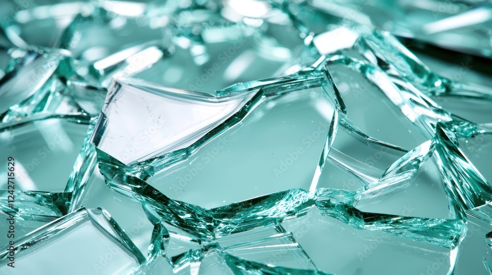 A close-up view of shattered glass pieces scattered on a surface. A close-up view of shattered glass pieces scattered on a surface.