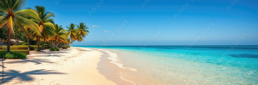 Warm sandy beach with palm trees and clear blue ocean waters on a sunny day, ocean, sunny Warm sandy beach with palm trees and clear blue ocean waters on a sunny day, ocean, sunny