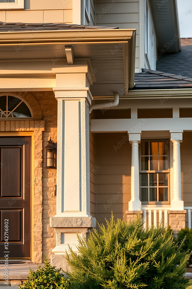 Elegant Home Exterior: Classic Porch Design with Stone Columns and Brick Accents Elegant Home Exterior: Classic Porch Design with Stone Columns and Brick Accents