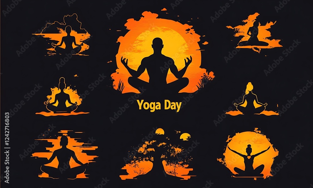 A banner for International yoga day with silhouettes of people doing asana poses A banner for International yoga day with silhouettes of people doing asana poses