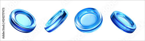 3d blue glass coin. Render set translucent disk crystal. Money gradient glass effect. Abstract glossy coins. Bank element, business concept, cash, crypto. Vector realistic illustration