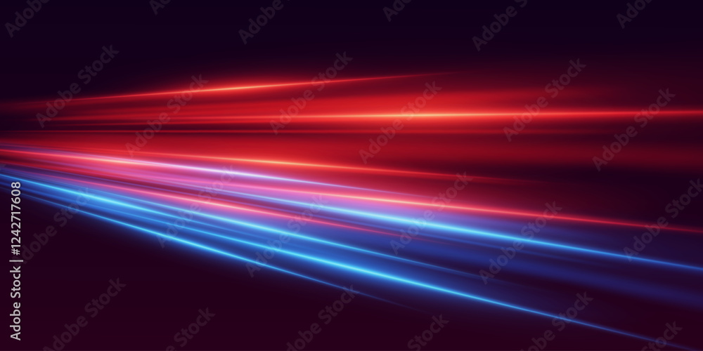 Naklejka premium Light effect of red and blue lines. Special effect of horizontal movement and speed.