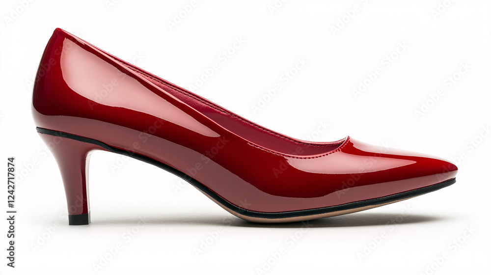 Red high heel shoe on a white background showcasing glossy surface and elegant design for fashion and footwear concepts Red high heel shoe on a white background showcasing glossy surface and elegant design for fashion and footwear concepts