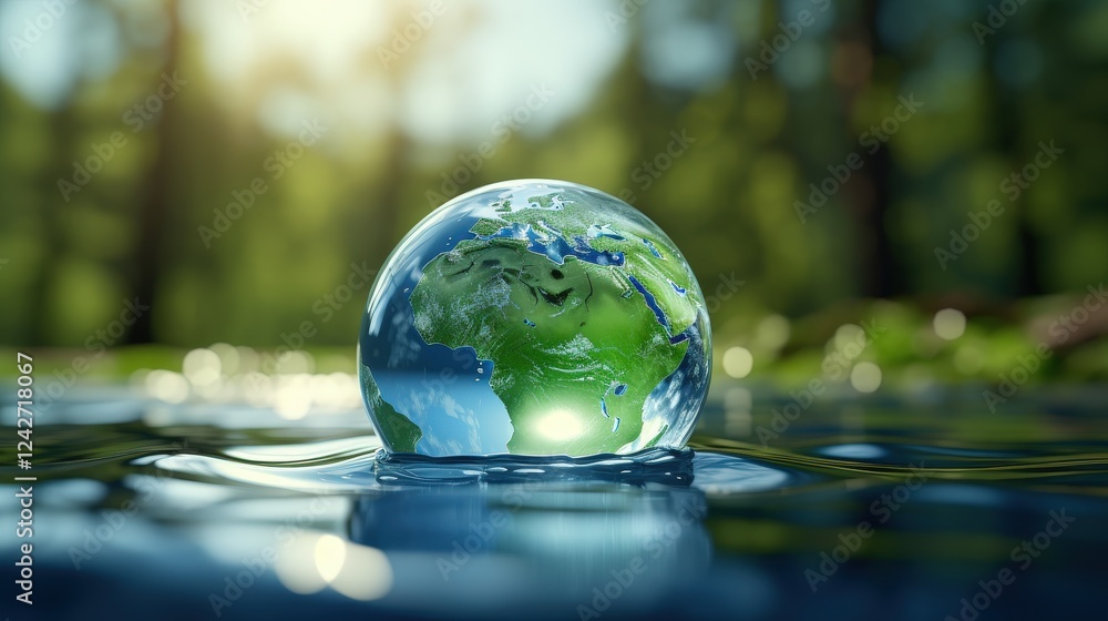 A Symbolic Drop of Earth Reflecting Nature in a Beautiful Environment Surrounded by Vibrant Greenery and Soft Water Ripples in Bright Light A Symbolic Drop of Earth Reflecting Nature in a Beautiful Environment Surrounded by Vibrant Greenery and Soft Water Ripples in Bright Light