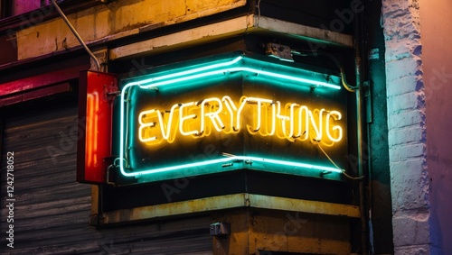 Wallpaper Mural Neon Sign on a Weathered Urban Street Corner Illuminating the Night with the Word 'Everything' in Bold Yellow Letters Surrounded by a Warm Glow Torontodigital.ca