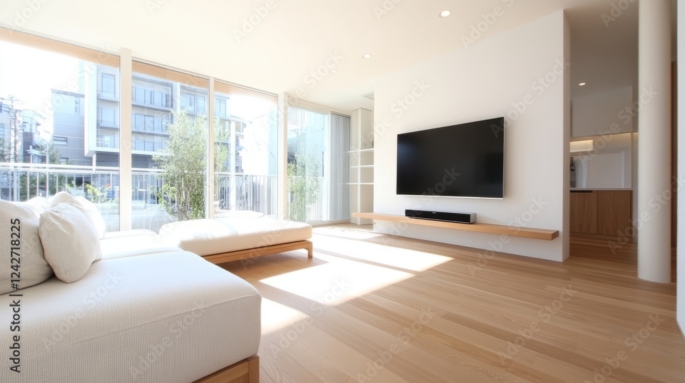 Fototapeta premium Modern Sleek Living Room Design with Natural Light and Minimalist Aesthetic Enhancing Relaxation and Comfort for Contemporary Homes