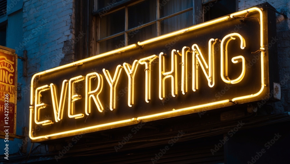 Neon Sign on a Weathered Urban Street Corner Illuminating the Night with the Word 'Everything' in Bold Yellow Letters Surrounded by a Warm Glow