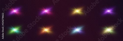 Set of realistic light flares, neon flashes of stars and light. Vector illustration