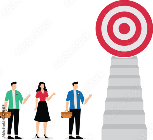 Climb corporate ladder to achieve career target, stair to reach work success, employee career path winning steps or achievement concept, business people employee queue to climb ladder to reach target.