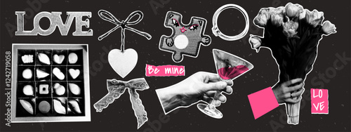 Collage elements for Valentine's Day. Flower, ring, puzzles, bow, heart, glass with drink, candy. Retro halftone effect. Doodle stickers cut from magazine